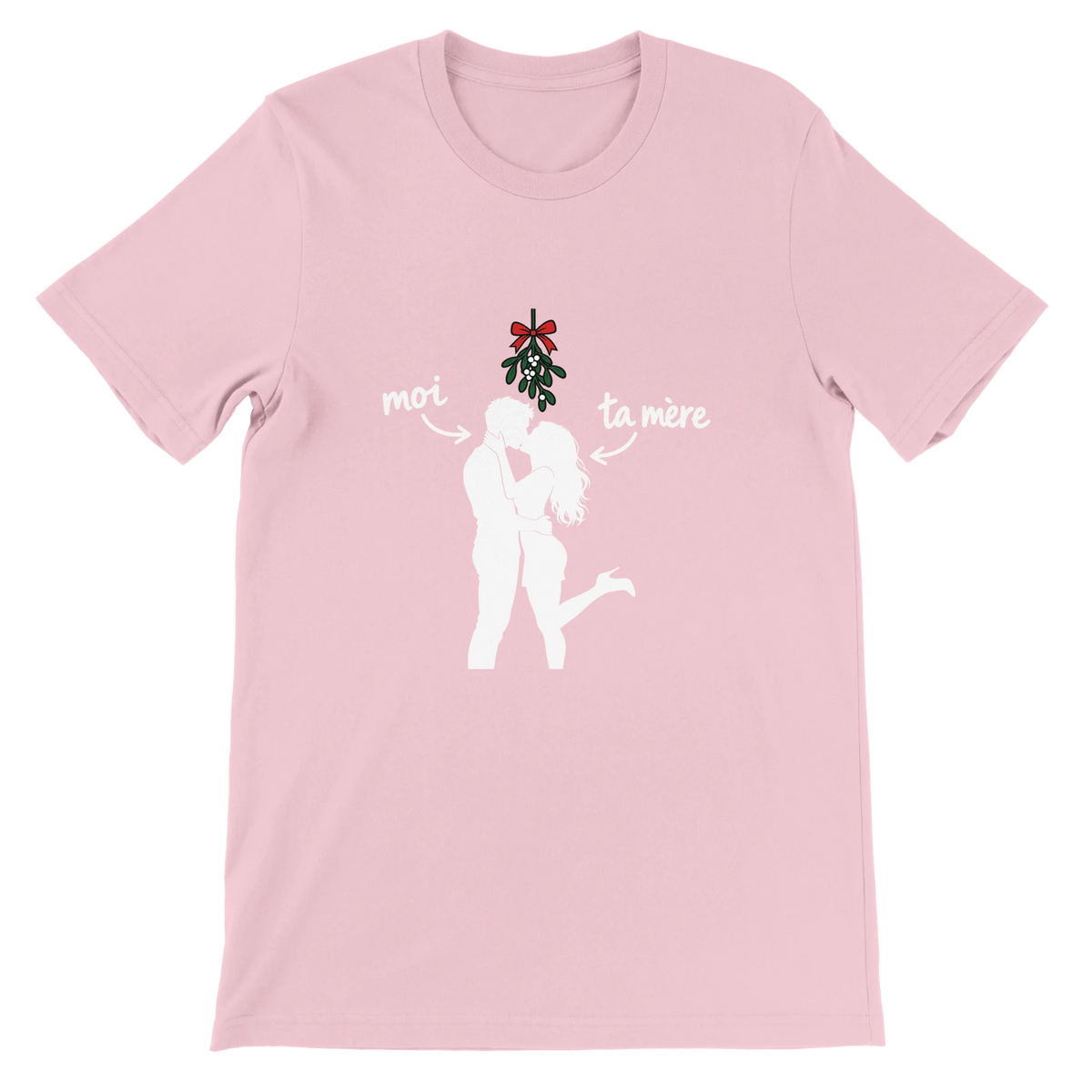 T-shirt « Moi et ta mère sous le gui » rose, devant