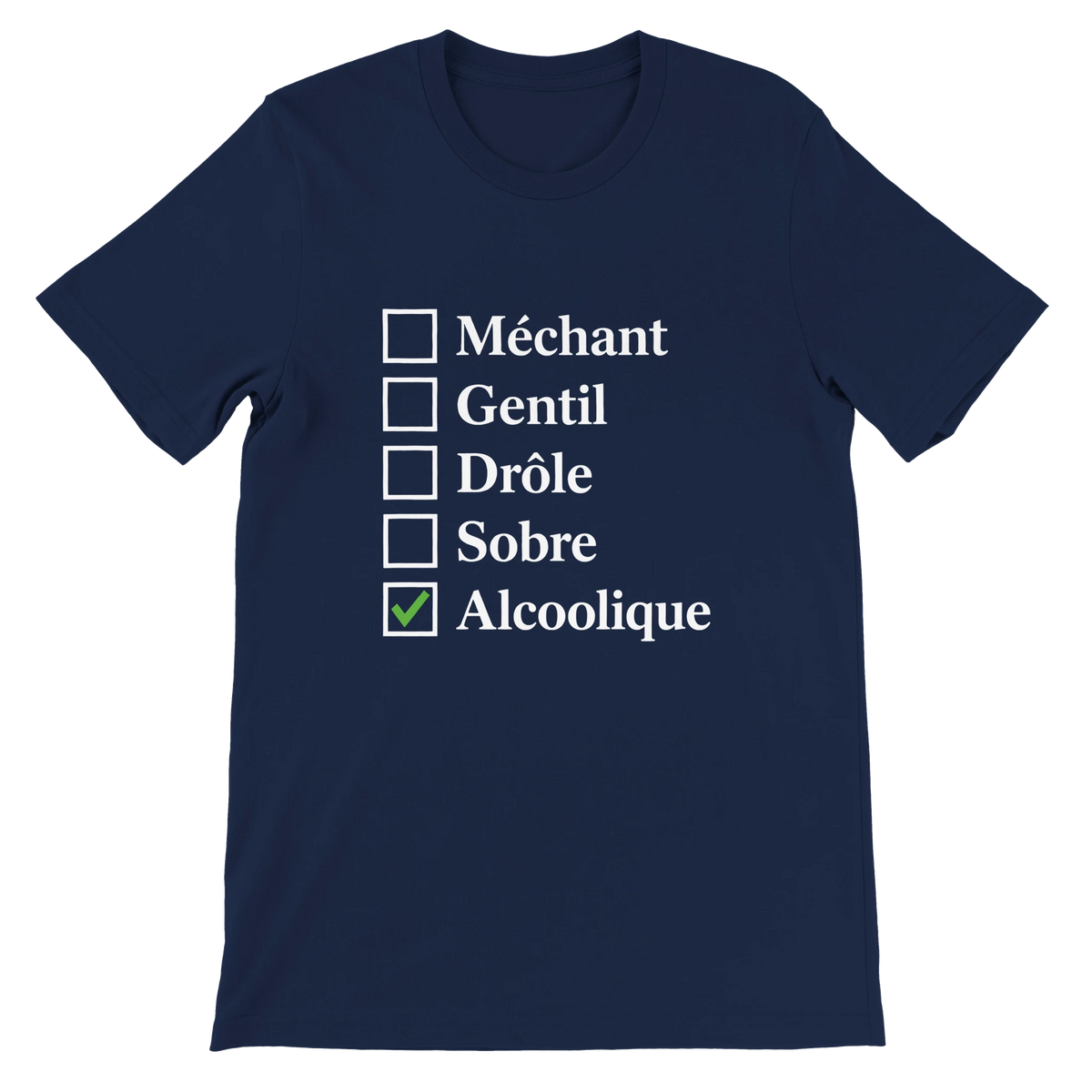 T-shirt « Case cochée : alcoolique » bleu marine, devant