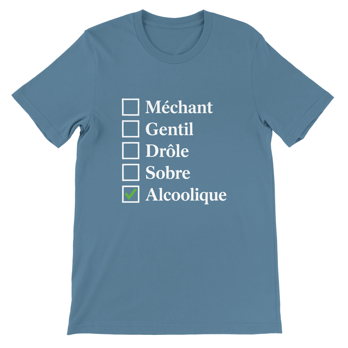 T-shirt « Case cochée : alcoolique » bleu acier, devant