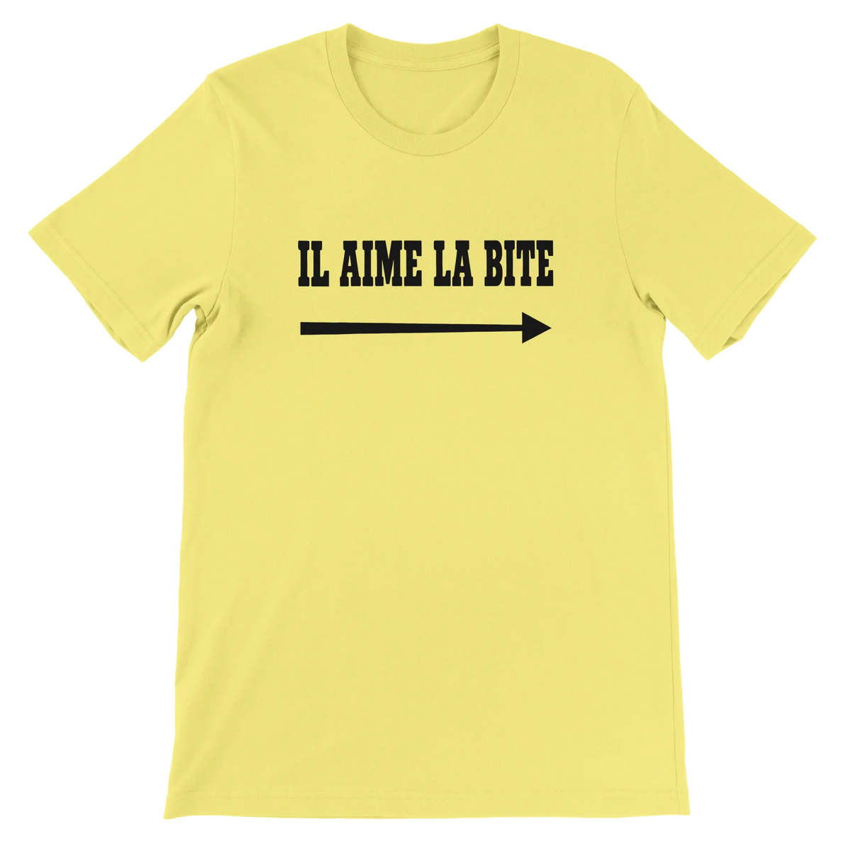 T-shirt « Il aime la bite » jaune, devant