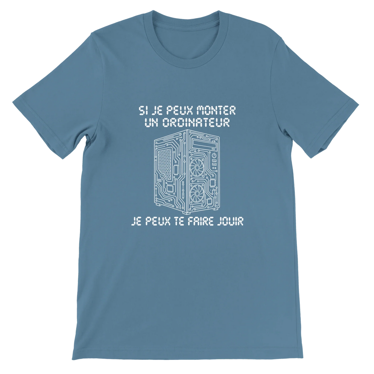 T-shirt « Si je peux monter un ordinateur » bleu acier, devant