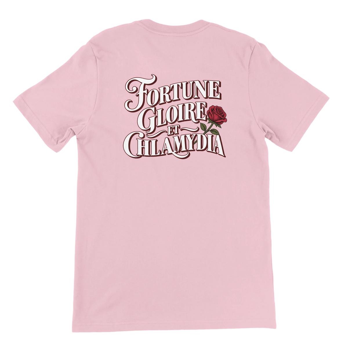 T-shirt « Fortune, gloire et chlamydia » rose, dos