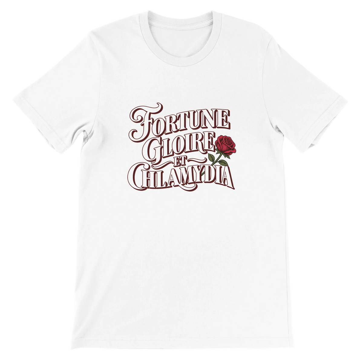 T-shirt « Fortune, gloire et chlamydia » blanc, devant
