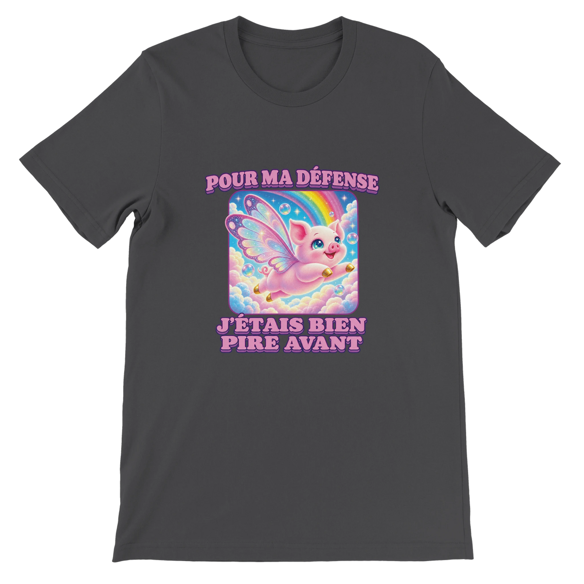 T-shirt « Pour ma défense, j’étais bien pire avant » gris foncé, devant