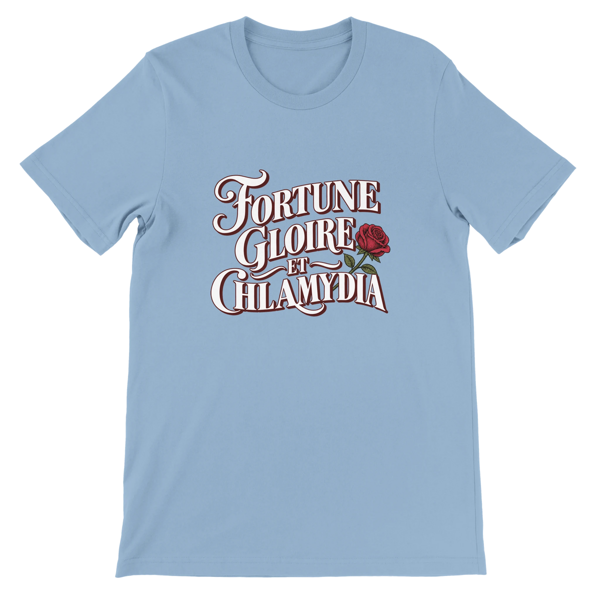 T-shirt « Fortune, gloire et chlamydia » bleu ciel, devant