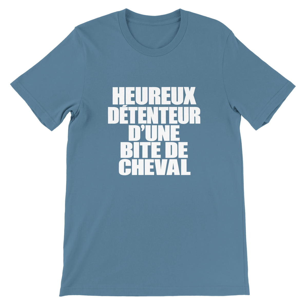 T-shirt « Heureux détenteur d’une bite de cheval » bleu acier, devant