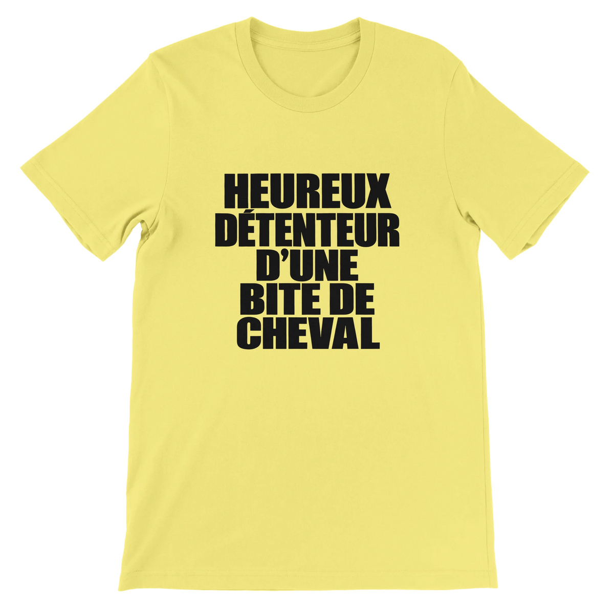 T-shirt « Heureux détenteur d’une bite de cheval » jaune, devant
