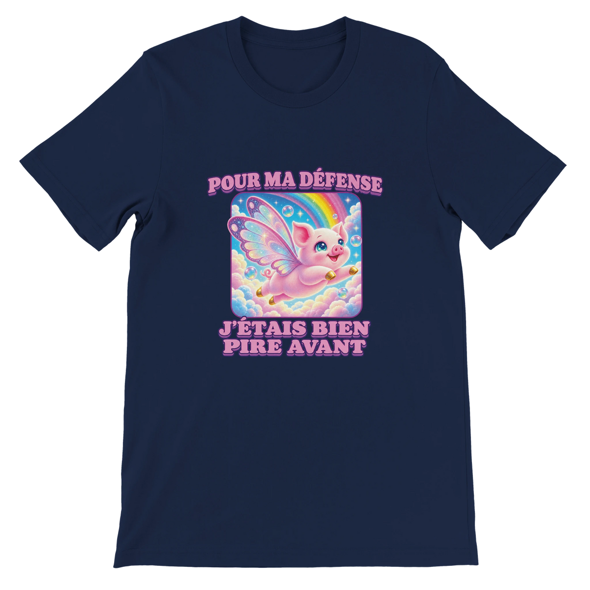 T-shirt « Pour ma défense, j’étais bien pire avant » bleu marine, devant
