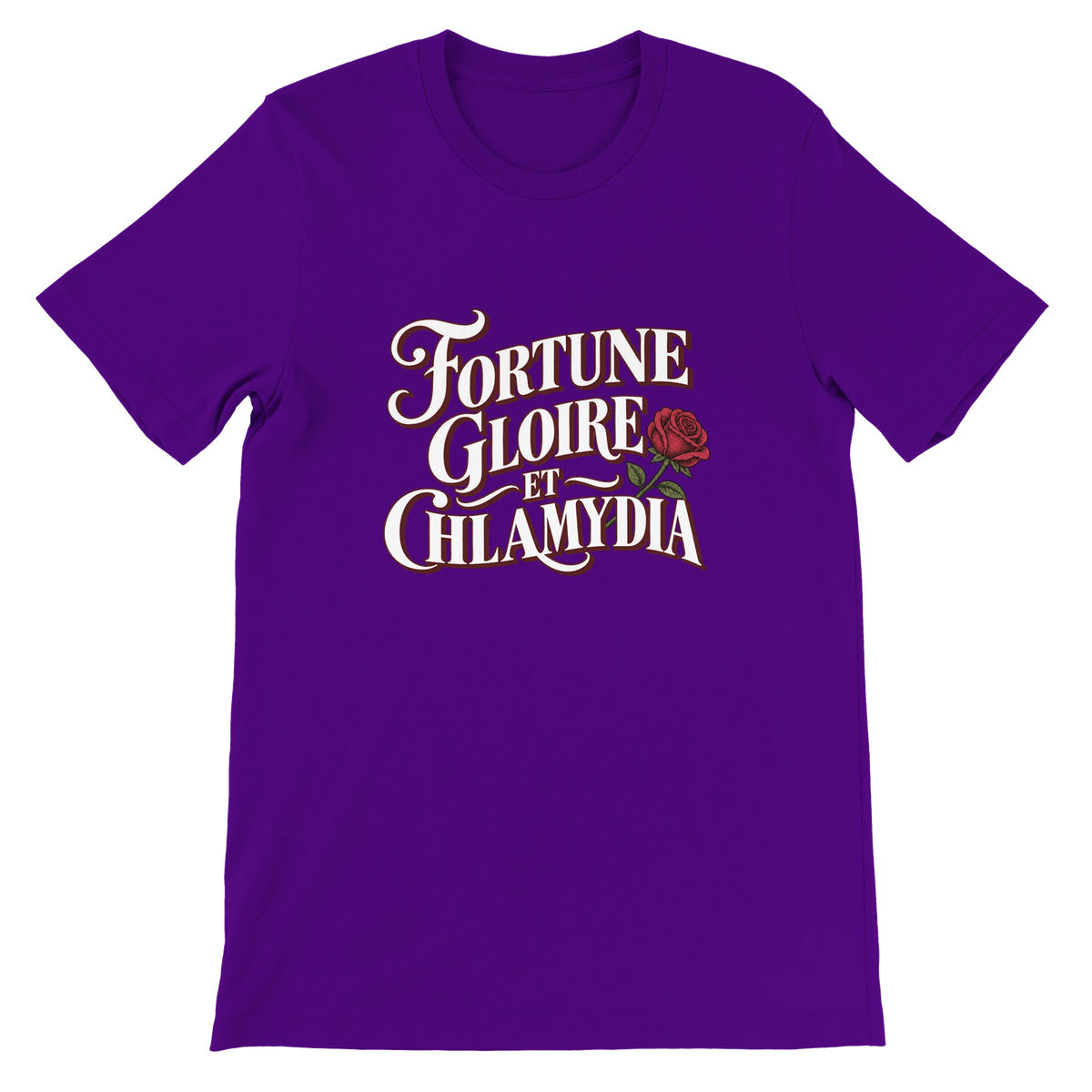 T-shirt « Fortune, gloire et chlamydia » violet, devant