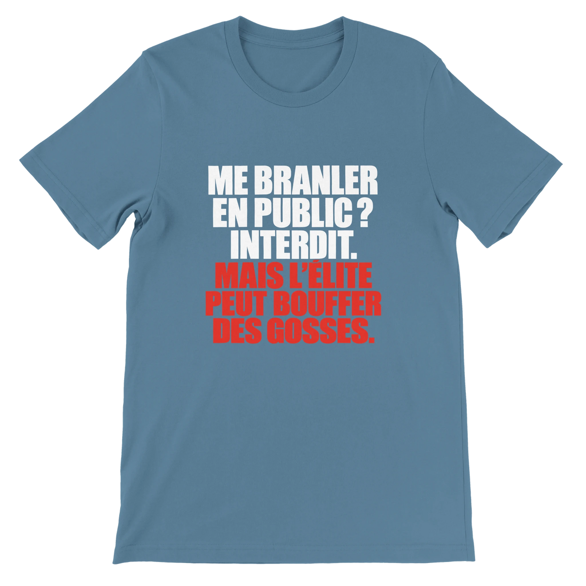 T-shirt « Me branler en public ? Interdit. » bleu acier, devant