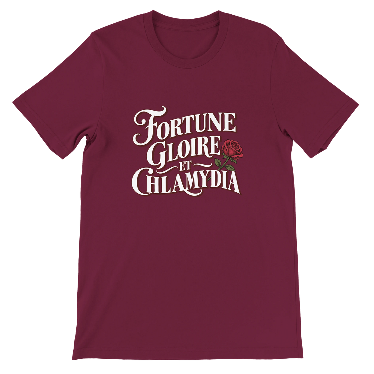 T-shirt « Fortune, gloire et chlamydia » bordeaux, devant