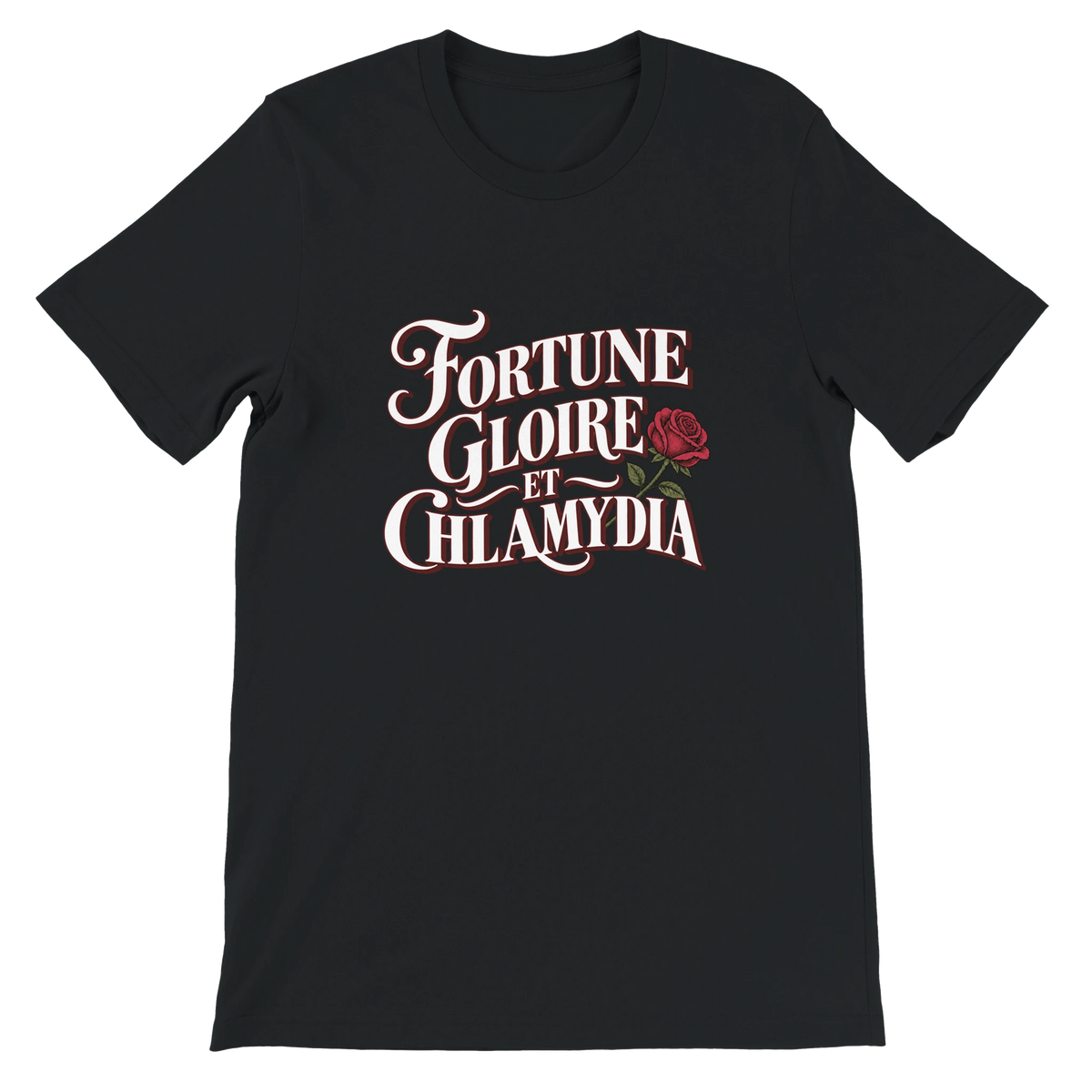 T-shirt « Fortune, gloire et chlamydia » noir, devant