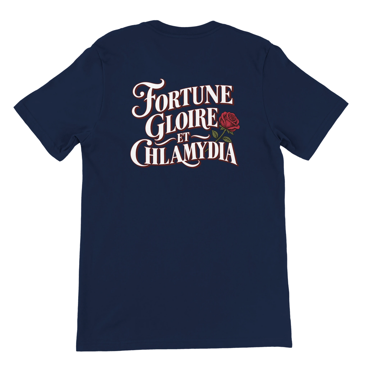 T-shirt « Fortune, gloire et chlamydia » bleu marine, dos