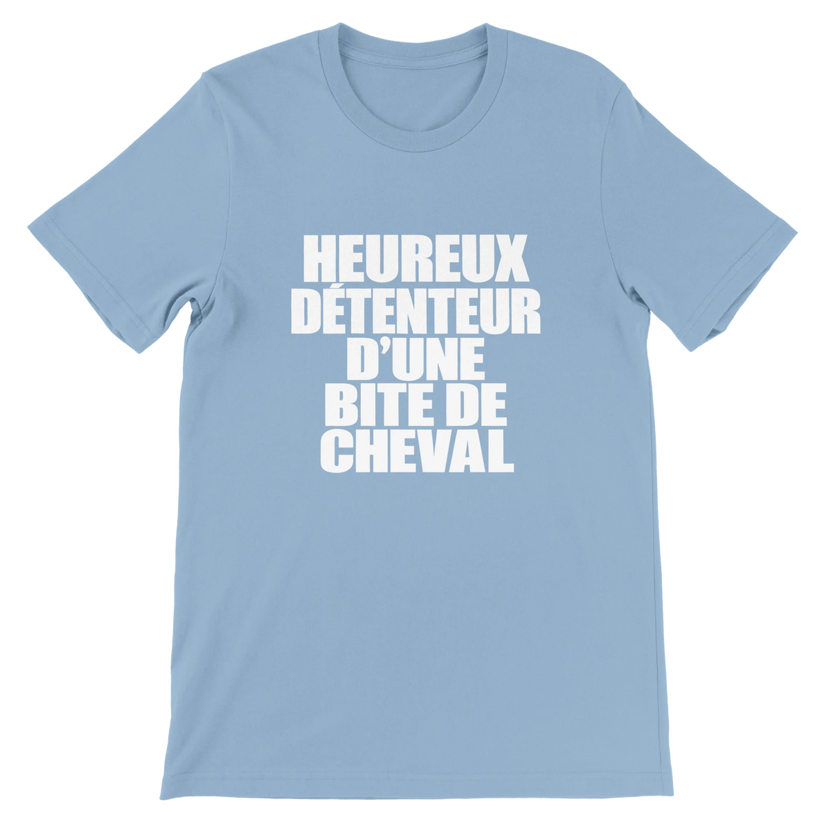 T-shirt « Heureux détenteur d’une bite de cheval » bleu ciel, devant