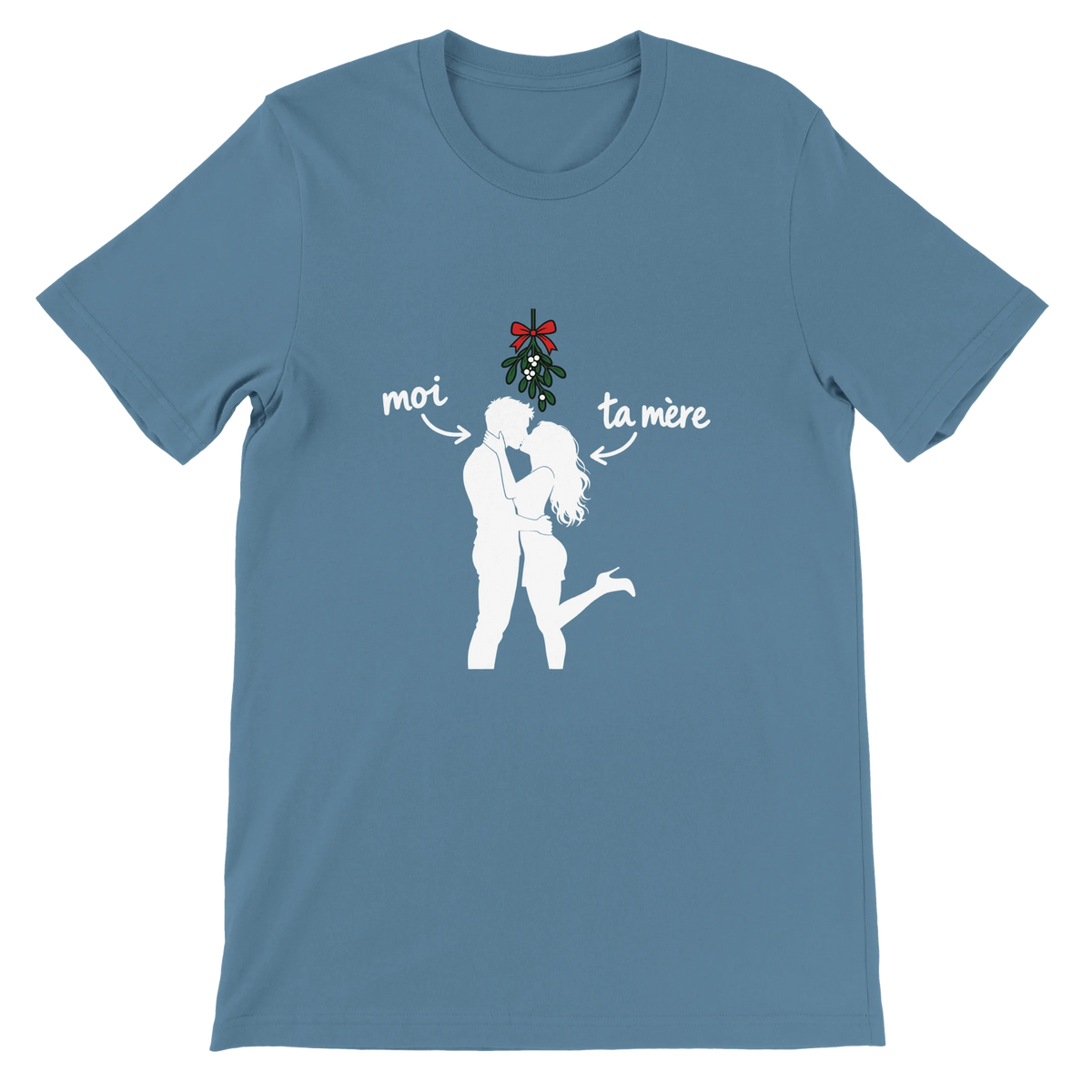 T-shirt « Moi et ta mère sous le gui » bleu acier, devant