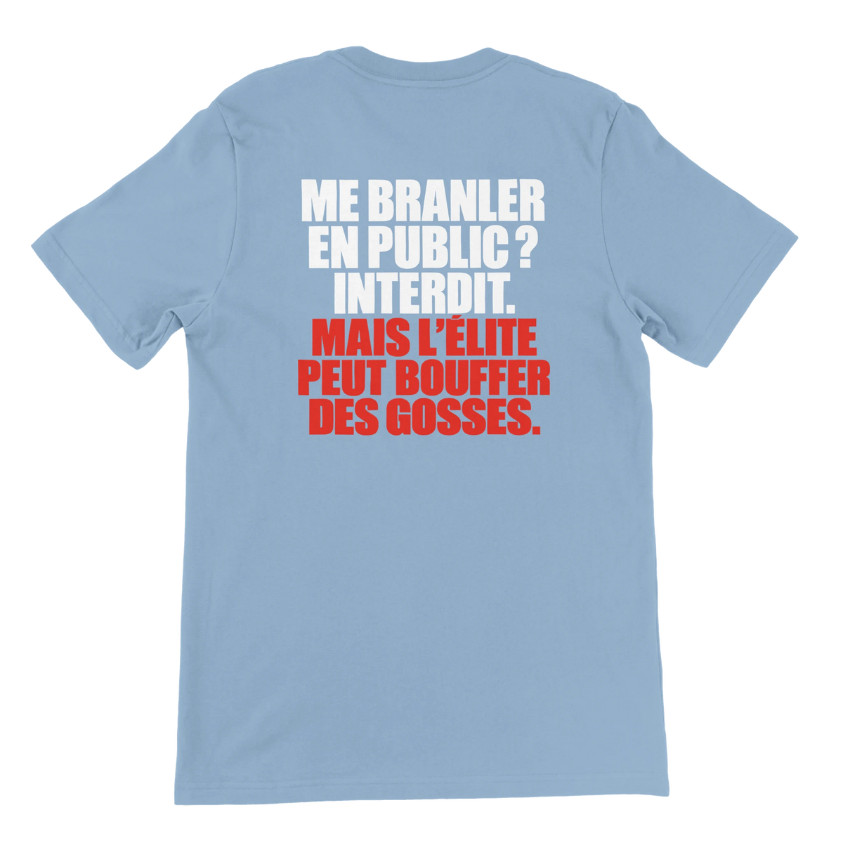 T-shirt « Me branler en public ? Interdit. » bleu ciel, dos