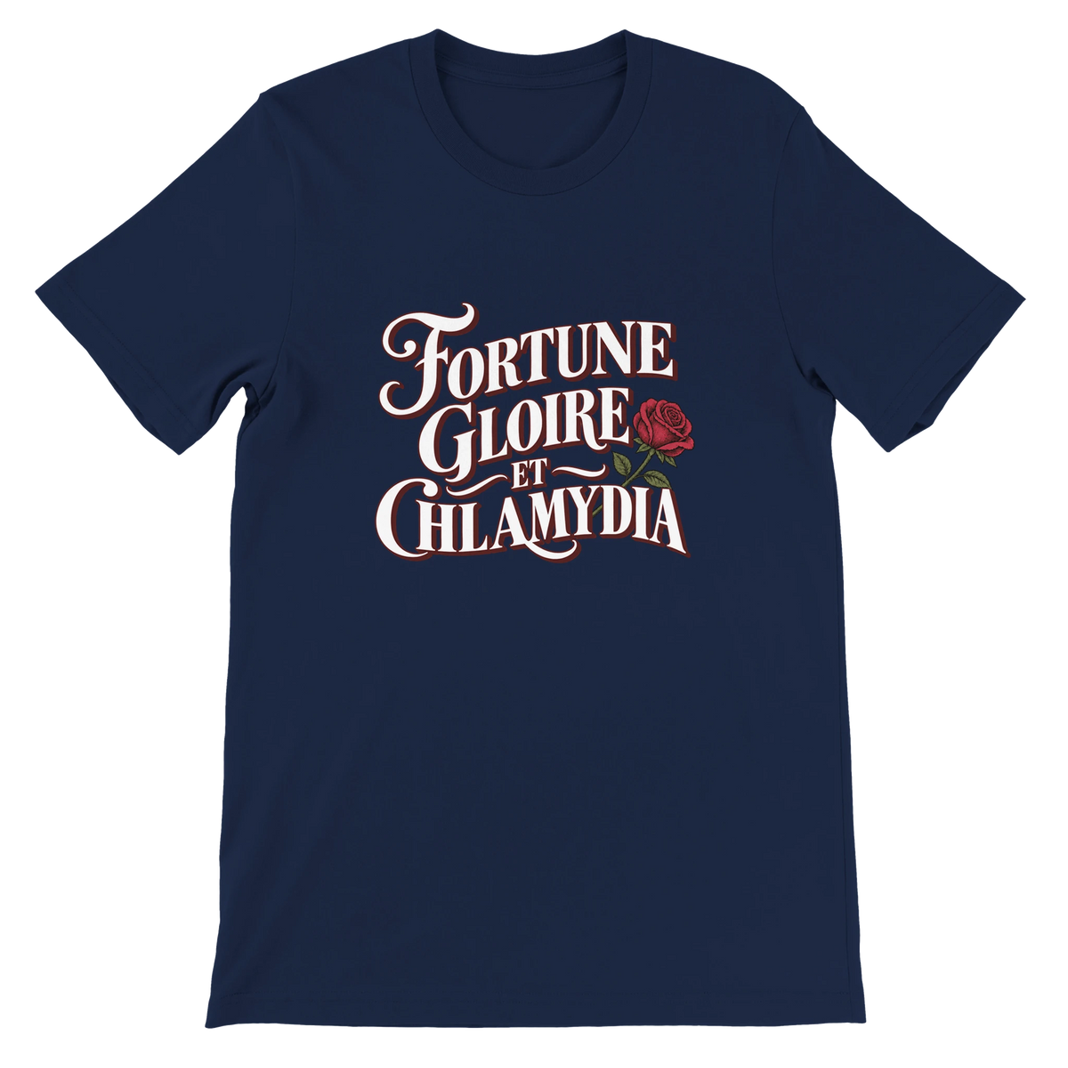 T-shirt « Fortune, gloire et chlamydia » bleu marine, devant