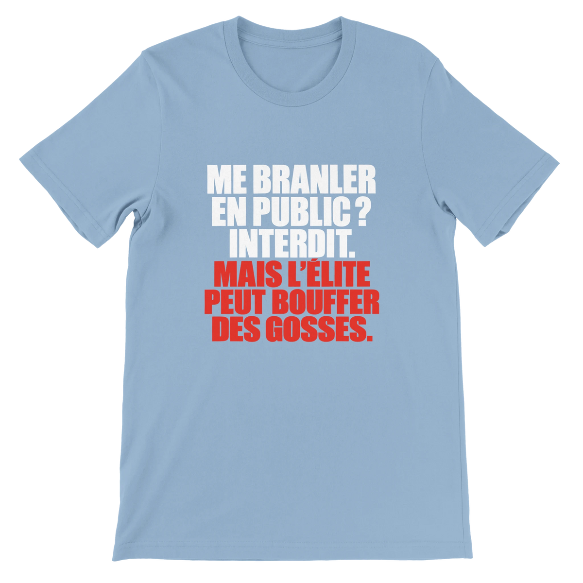 T-shirt « Me branler en public ? Interdit. » bleu ciel, devant