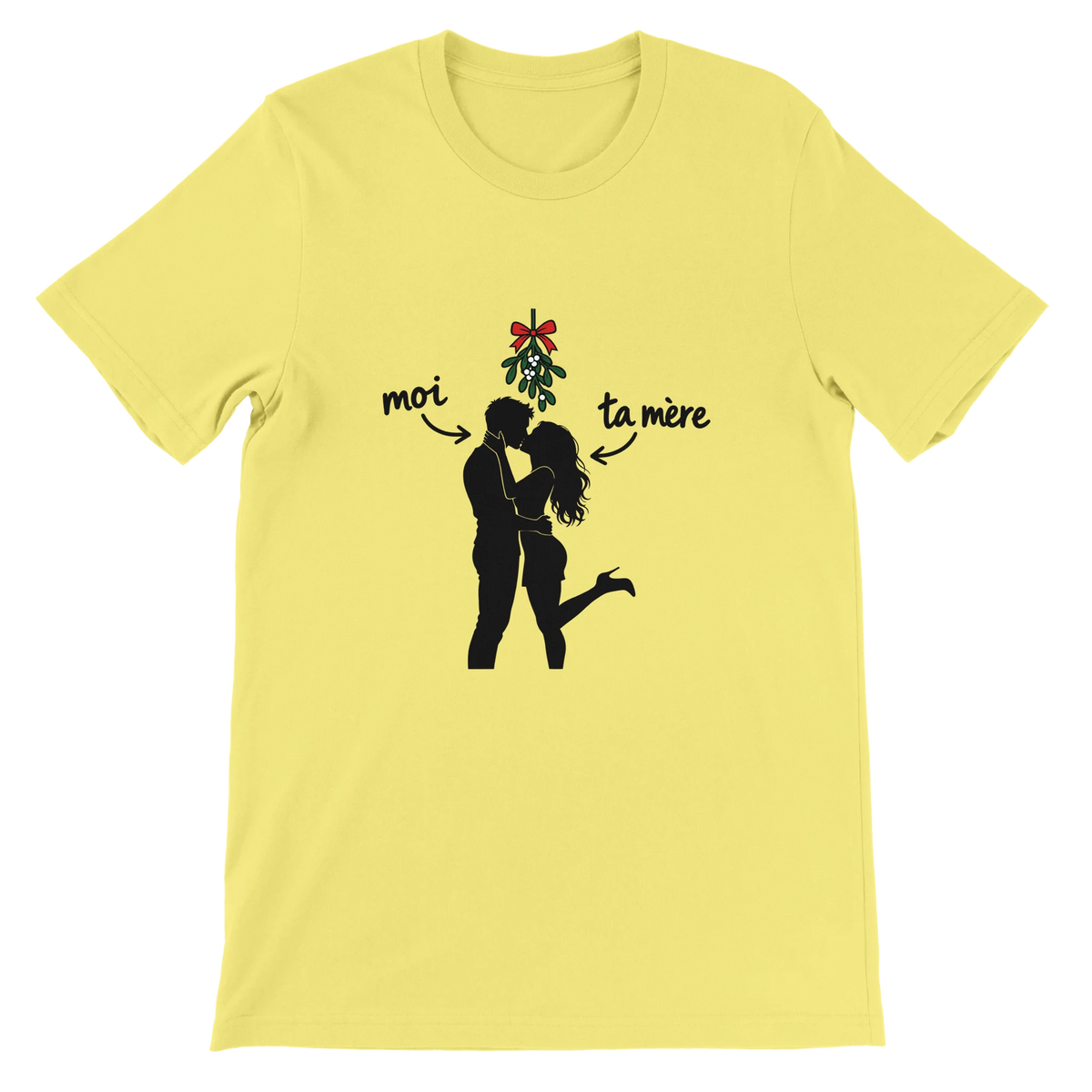 T-shirt « Moi et ta mère sous le gui » jaune, devant