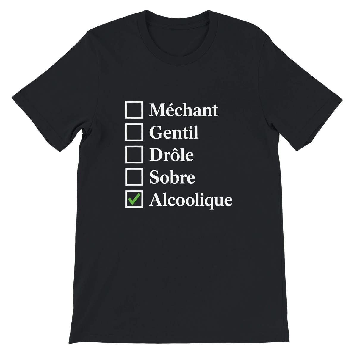 T-shirt « Case cochée : alcoolique » noir, devant