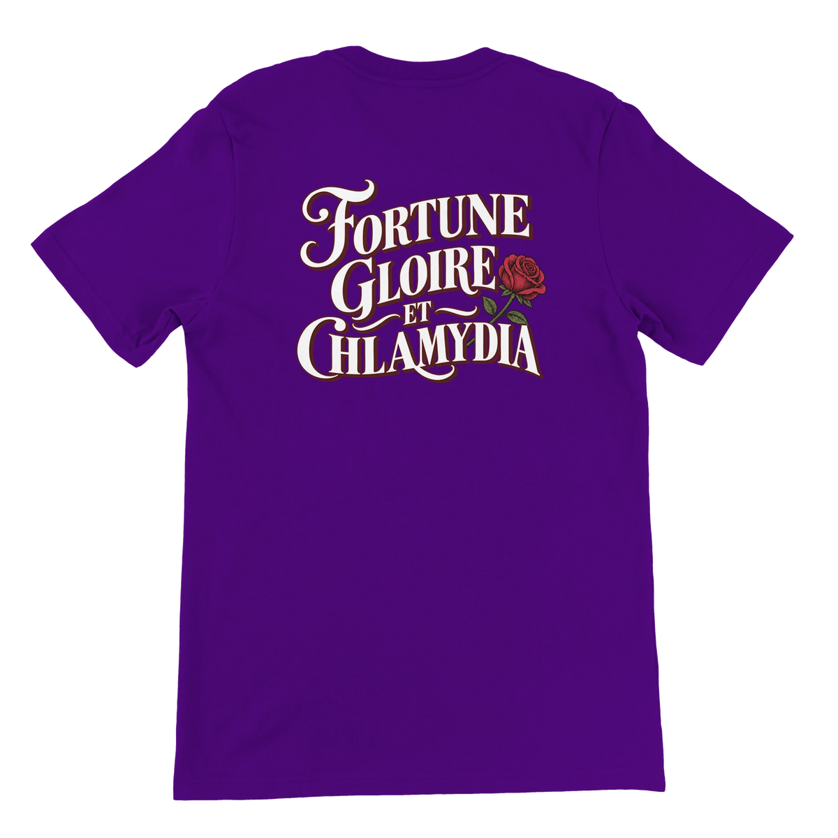 T-shirt « Fortune, gloire et chlamydia » violet, dos
