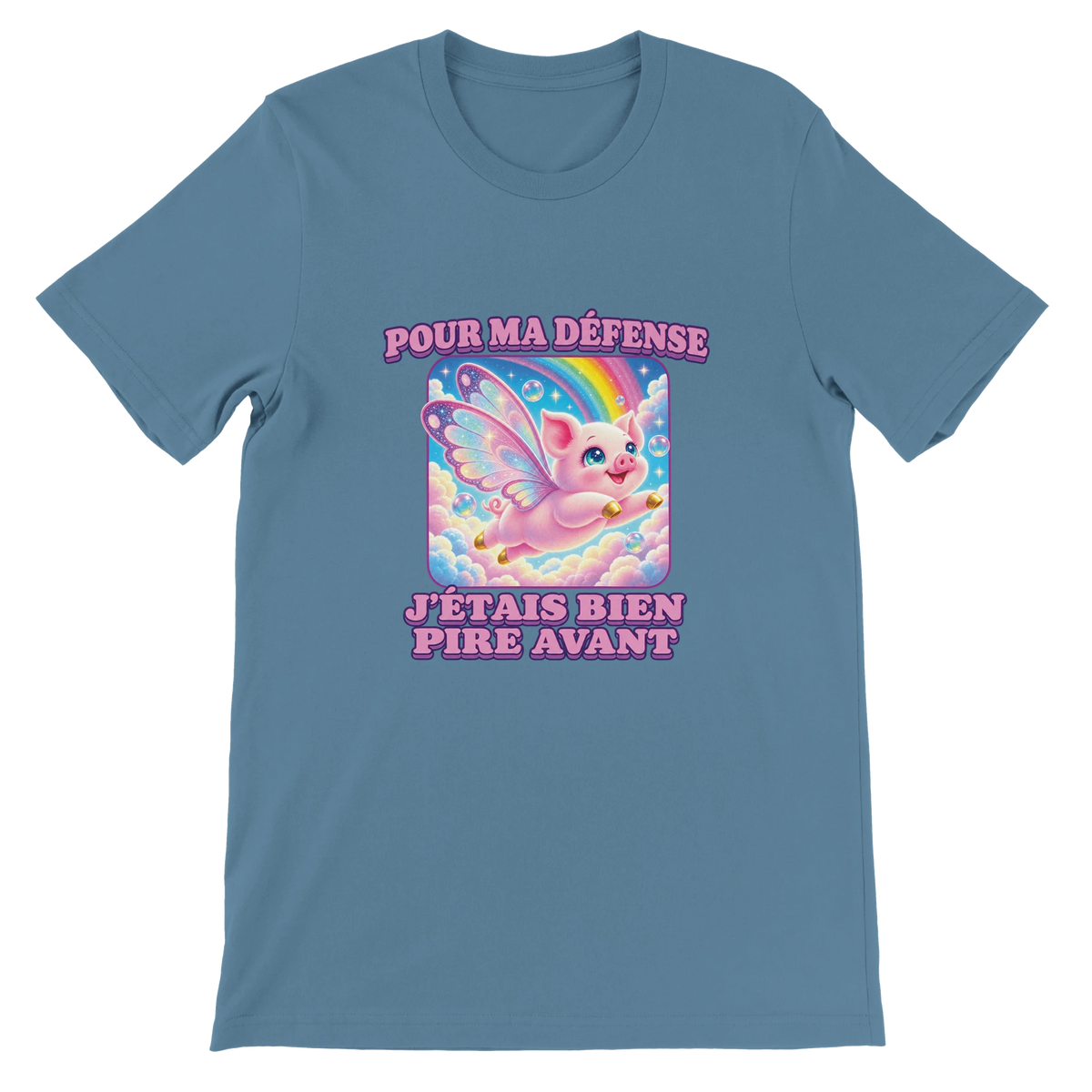 T-shirt « Pour ma défense, j’étais bien pire avant » bleu acier, devant