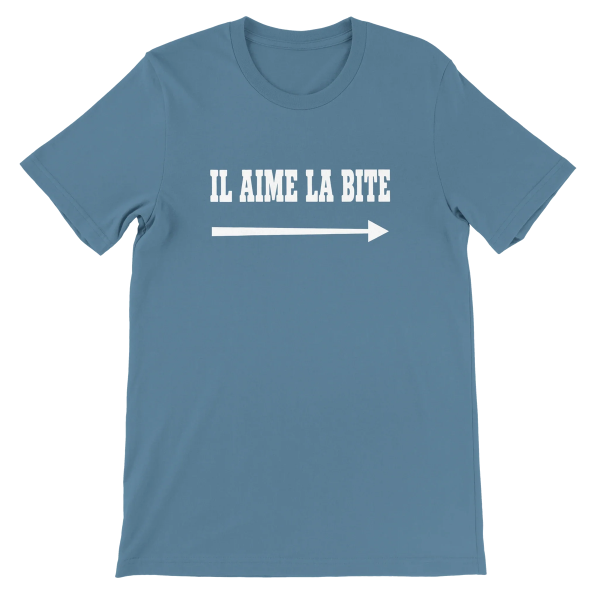 T-shirt « Il aime la bite » bleu acier, devant