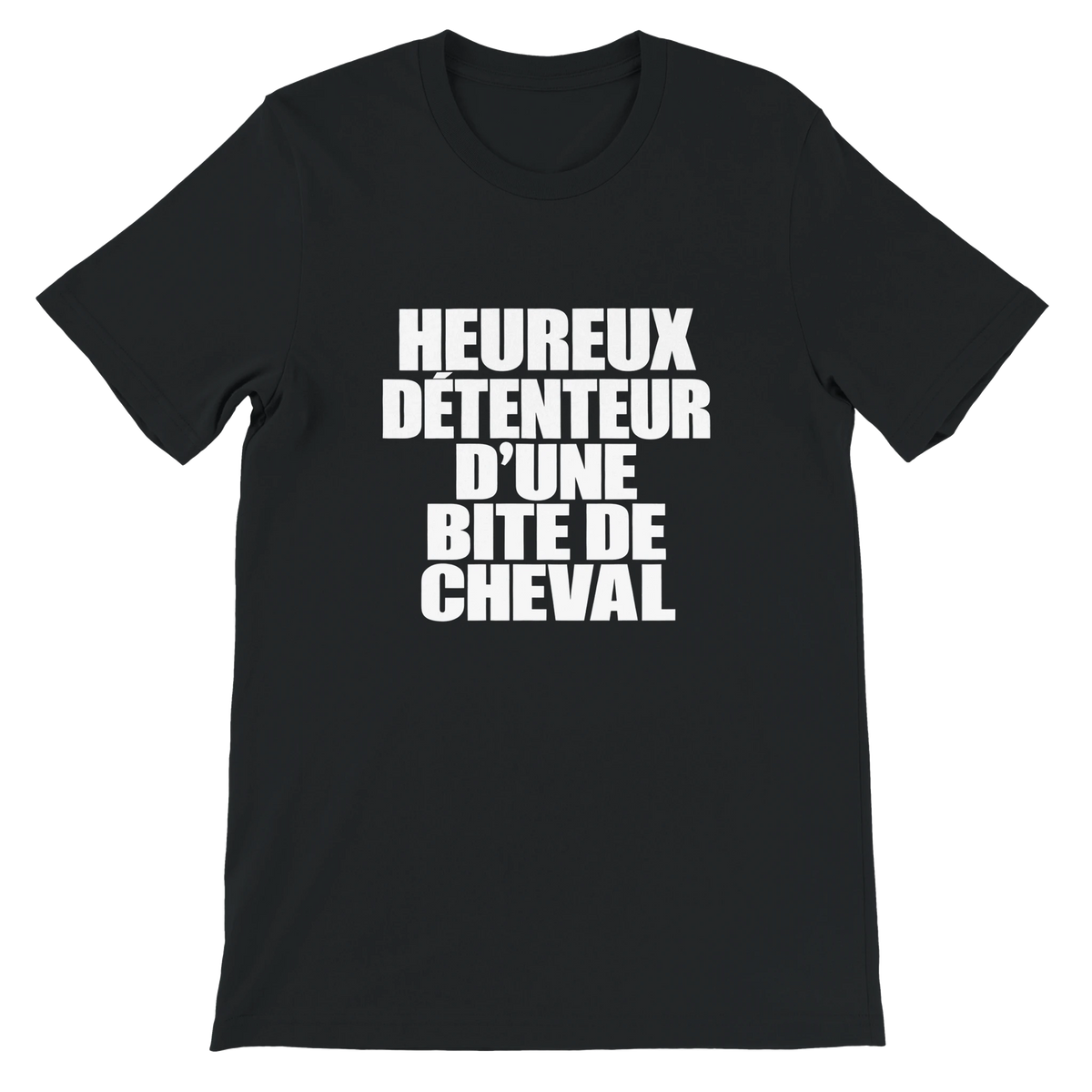 T-shirt « Heureux détenteur d’une bite de cheval » noir, devant