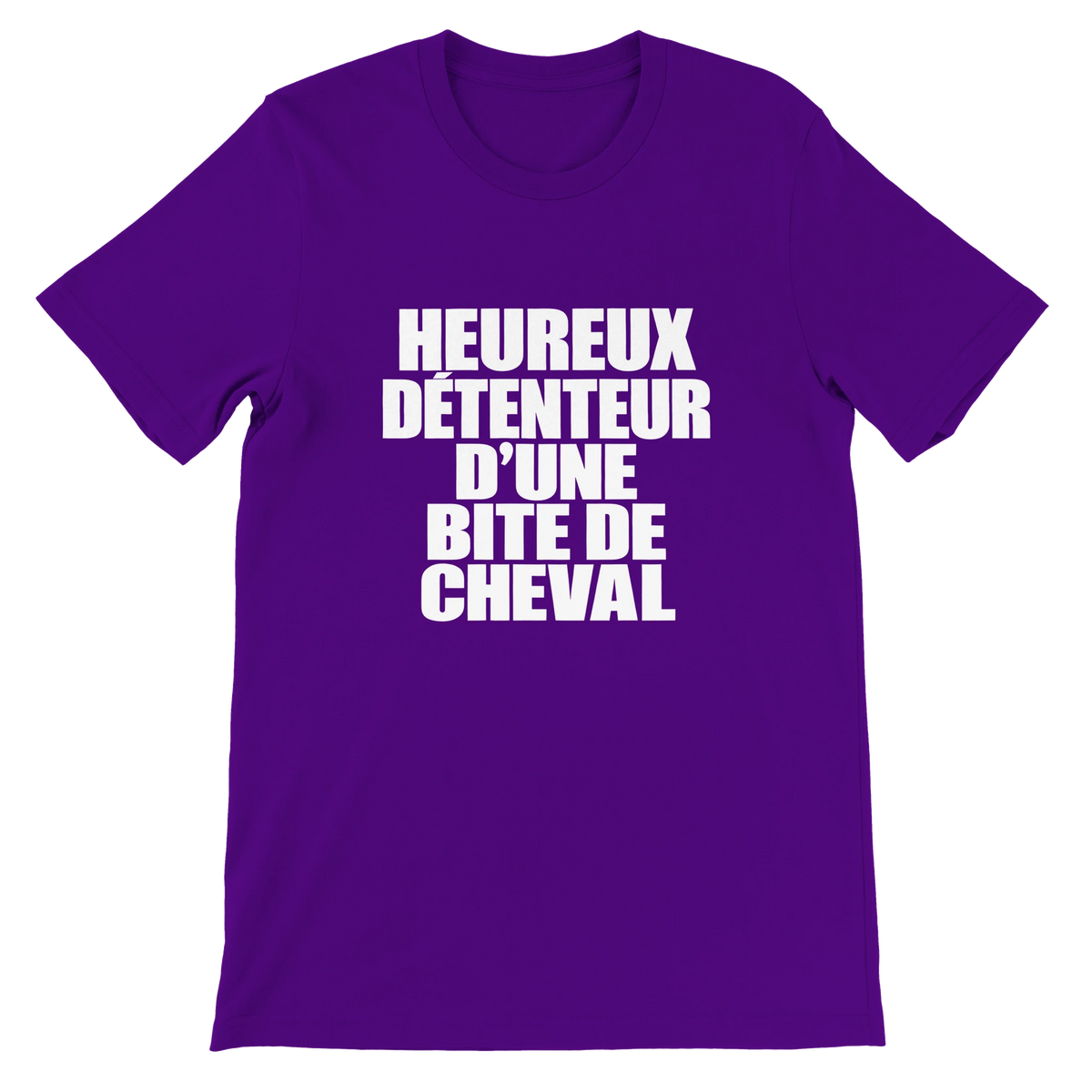T-shirt « Heureux détenteur d’une bite de cheval » violet, devant
