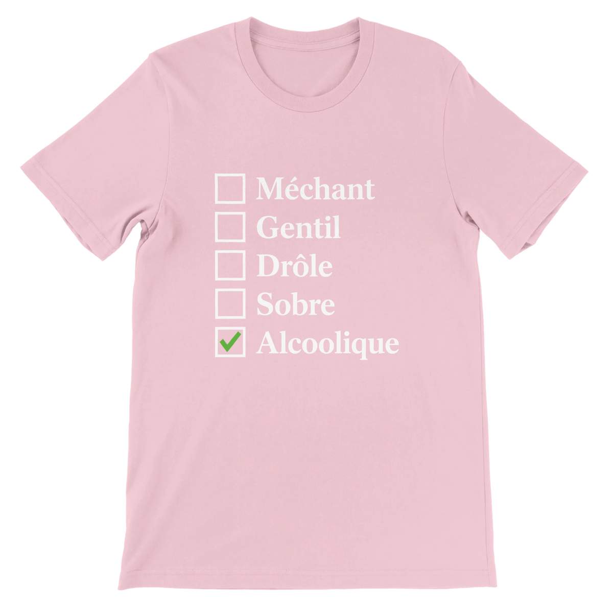 T-shirt « Case cochée : alcoolique » rose, devant