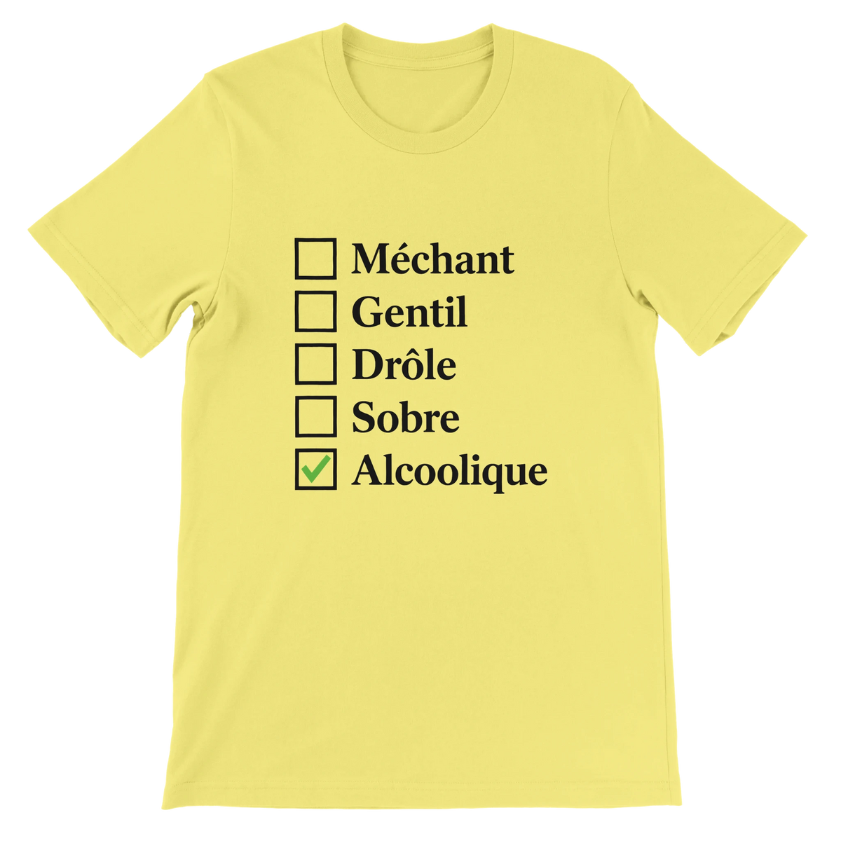 T-shirt « Case cochée : alcoolique » jaune, devant