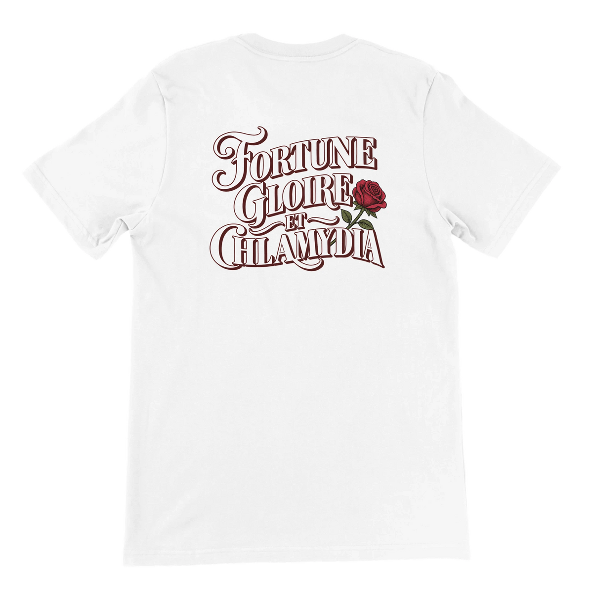 T-shirt « Fortune, gloire et chlamydia » blanc, dos