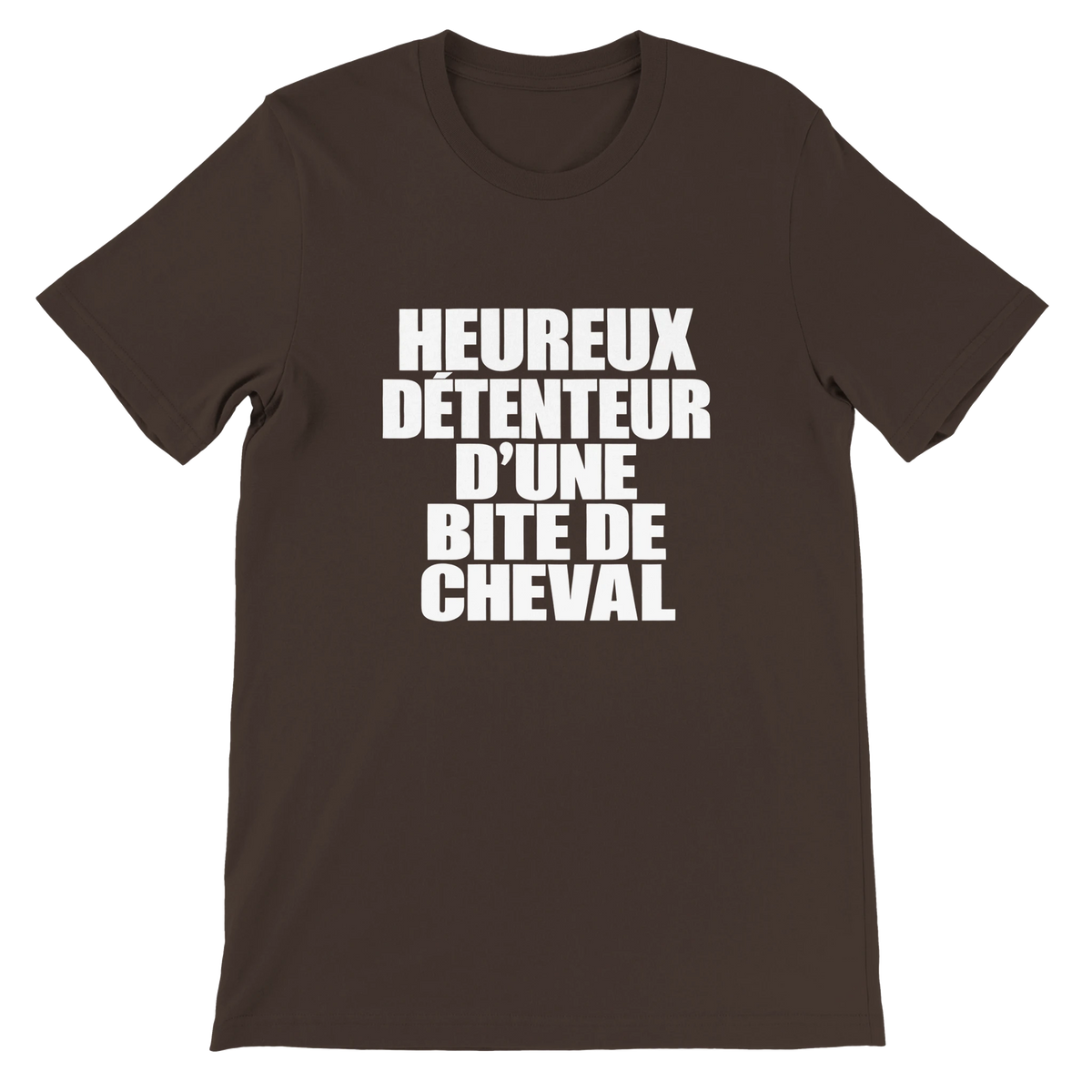 T-shirt « Heureux détenteur d’une bite de cheval » marron, devant