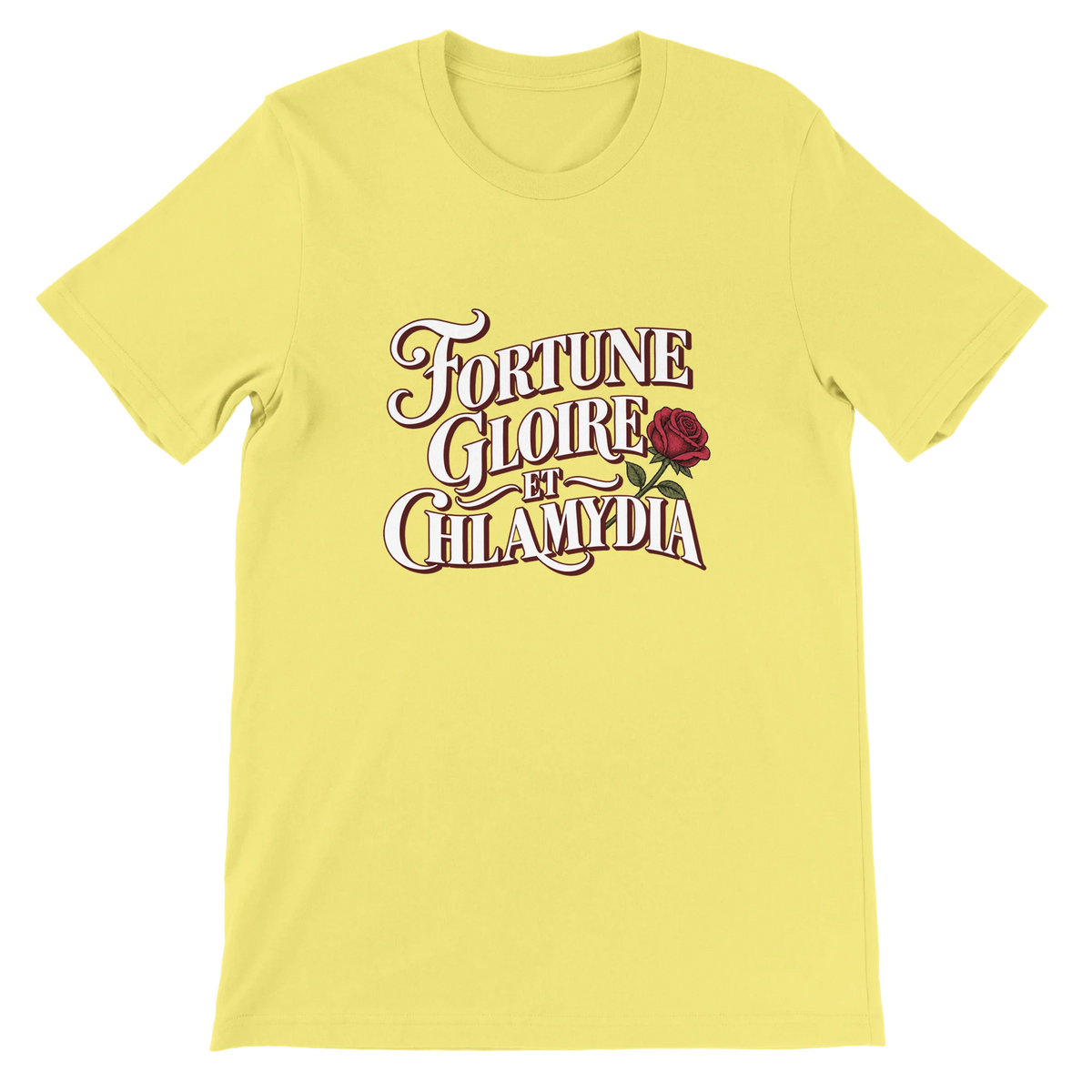 T-shirt « Fortune, gloire et chlamydia » jaune, devant