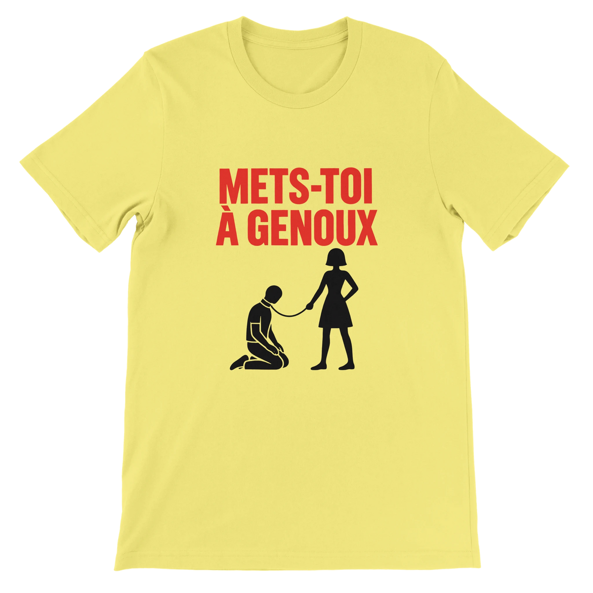 T-shirt « Mets-toi à genoux » jaune, devant