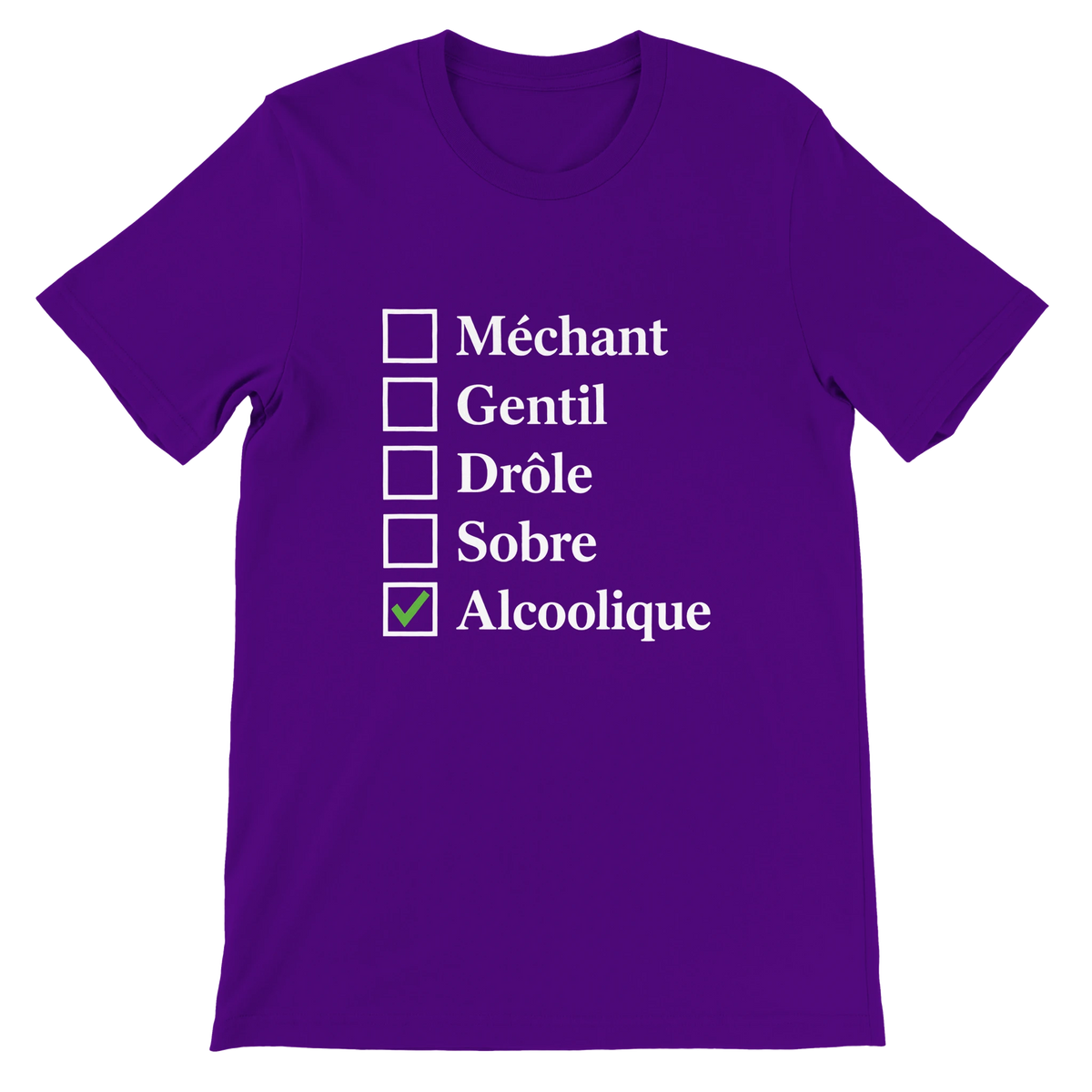 T-shirt « Case cochée : alcoolique » violet, devant