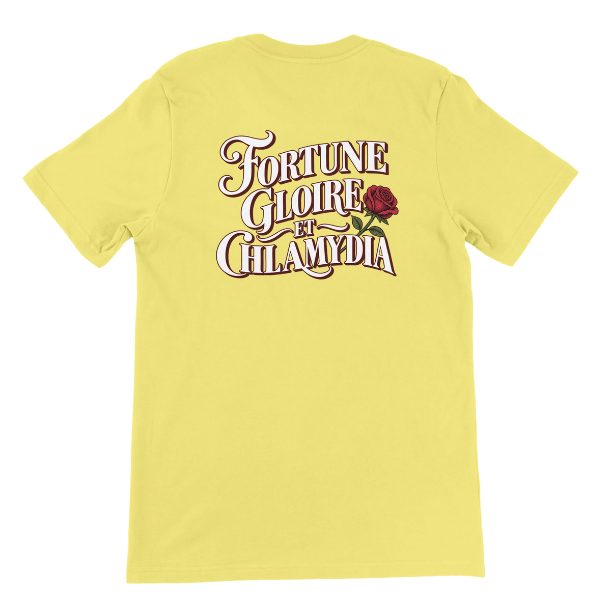 T-shirt « Fortune, gloire et chlamydia » jaune, dos