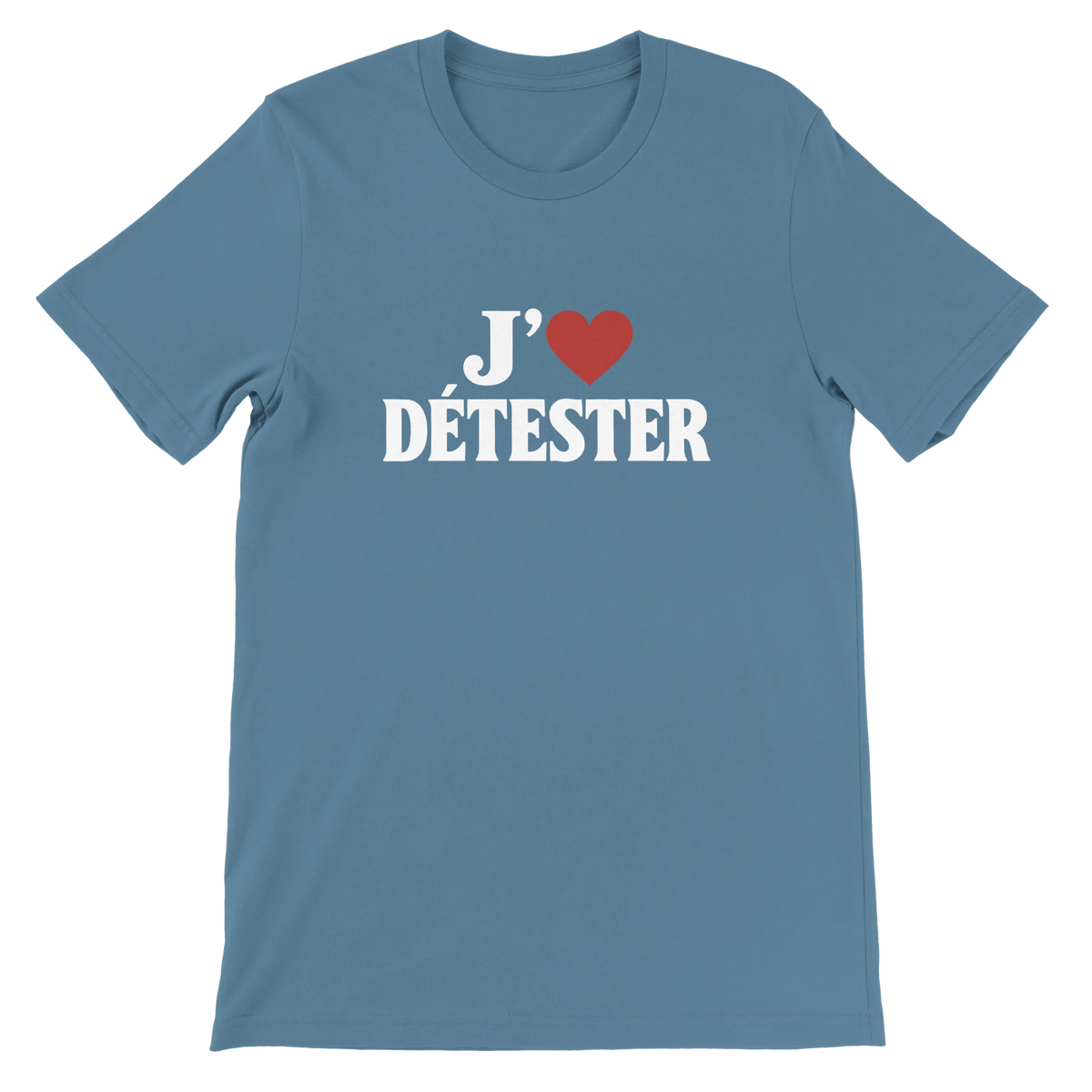 T-shirt « J’aime détester » bleu acier, devant